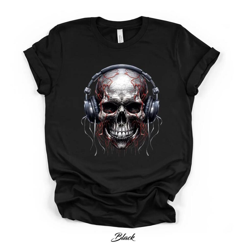 Skull Headphones Music Graphic Tee, Black Unisex Dtg T-Shirt